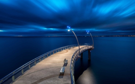 illuminated pier over steel blue water  hdr - pier, blue, lamps, night, hdr, bay