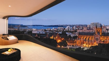 wonderful livingroom balcony - cathedral, aprtment, view, city, living room