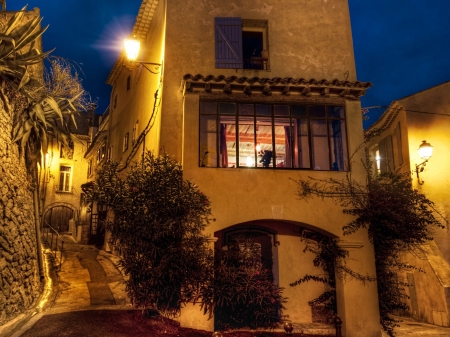 in the alley of a medieval town - house, alley, town, lights, night