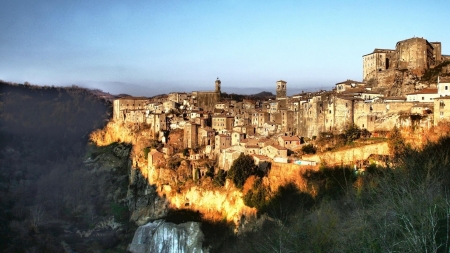 medieval town of sorano in tuscany - town, sunshine, forest, mountain, medieval