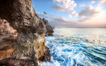 marvelous rocky seashore in negril jamaica hdr - flag, surf, steps, shore, hdr, sea, rocks