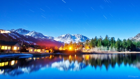 mountain june lake in california - stars, lake, forest, homes, mountains