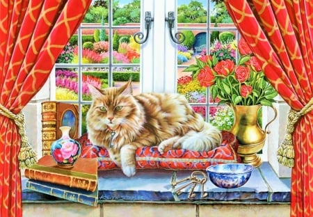 King of His Castle - vase, window, books, cozy, cat, flowers, animal, painting, garden, cute, adorable