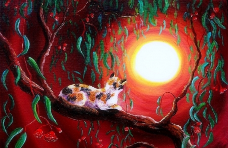 Cat in Eucalyptus Boughs - trees, paintings, colors, moons, cute, cats, love four seasons, draw and paint, animals