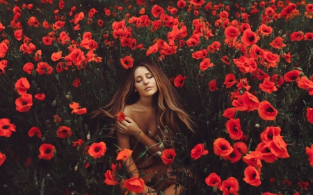 Flower Girl - nature, flowers, girl, poppies