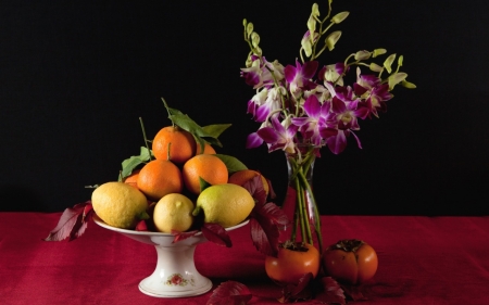 Still life - orange, flowers, ruits, vase