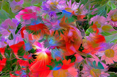 Flowers - red, flower, purple, pictura, pink, painting, art, green