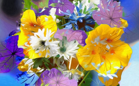 Flowers - flower, purple, yellow, blue, art, white, pictura, texture, painting