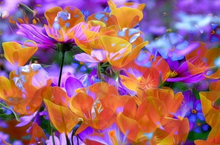 Flowers - pictura, purple, summer, painting, orange, texture, flower, art