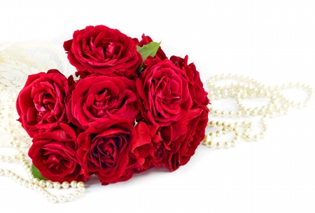 Red rose - red, roses, flowers, bouquet, pearls