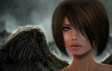 Angel - woman, face, rendering, angel, girl, wing, fantasy