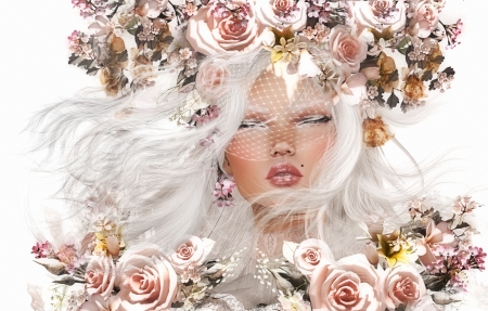 Girl - veil, girl, flower, pink, fantasy, white, woman, rendering, rose, face