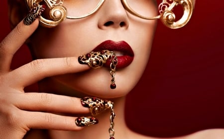 Red and golden - red, make-up, golden, jewel, girl, woman