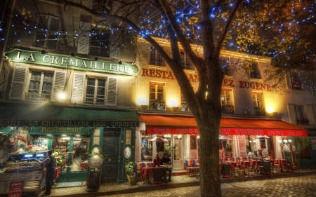 cafe in france at night hdr - street, store, lights, hdr, cafe, city, night, tree