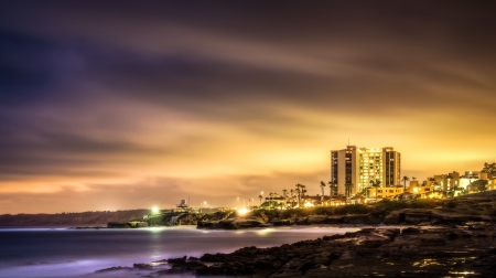 la jolla california seashore at night hdr - shore, beach, lights, hdr, sea, city, night