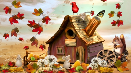 Autumn Fairytale - dandelions, cabin, leaves, fall, fantasy, fairytale, autumn, hut, mice, squirrel, cottage