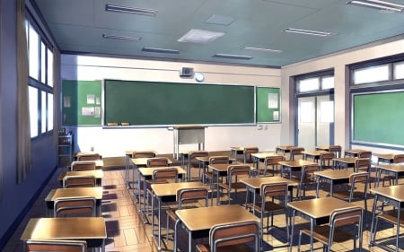 classroom - blackboard, classroom, desk, chair