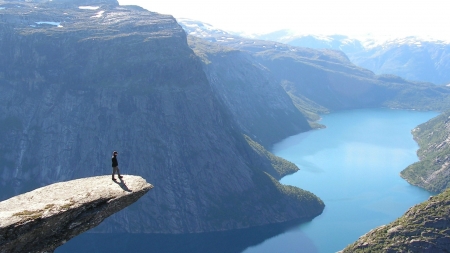 spectacular view of a fjord in norway - view, ovehang, man, mountains, fjord