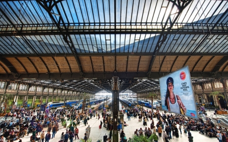 train station in france hdr - trains, tracks, people, roof, hdr, station