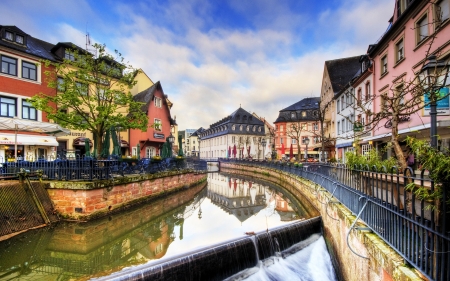 leukbach river through saarburg germany - restaurants, falls, town, river