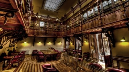 old school library hdr - library, balcony, books, chairs, hdr