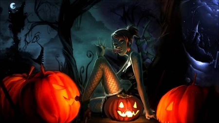 Scary Night - pumpkins, jack o lantern, girl, artwork, night