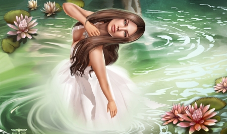 Summer dance - lotus, water, girl, flower, pink, fantasy, green, woman, rendering, lake, dance, antonietta canucci