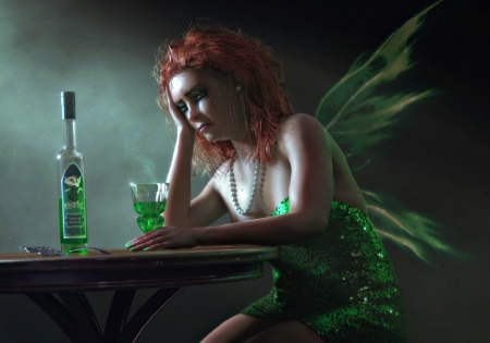 Who am I? - woman, redhead, drink, girl, glass, wings, fantasy, art, green, fairy, bottle