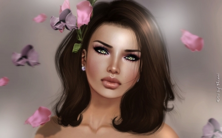 Beauty - fantasy, woman, rendering, girl, beauty, face, petals, pink