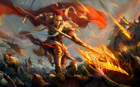 God of War - warrior, yellow, mars, war, god, orange, man, armor, battle, fantasy, fire, red, fight, art