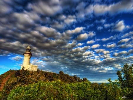 clouds over lighthouse on cape byron s. wales hdr - vegetation, hill, clouds, lighthouse, hdr, steps