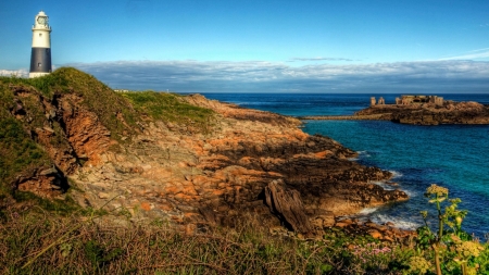 lighthouse on a cliff hdr - lighthouse, ruins, island, hdr, shore, sea, rocks