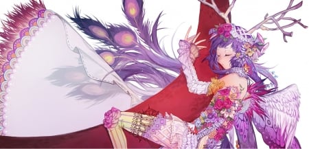 I love my red moon - feather, rns, red, flower, pink, anime, girl, luna, manga, wings, white, peacock, moon, branch, angel, horns