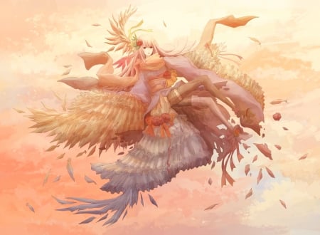 Angel - wings, feather, fantasy, orange, anime, girl, manga, angel