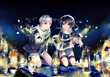 Magical - magical, winter, yellow, anime, girl, night, blue, manga, lantern, light, couple, boy