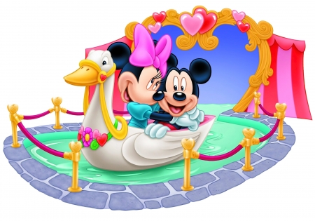 Mickey and Minnie - duck, minnie, water, blue, mickey, mouse, love, pink, white, valentine, couple, disney