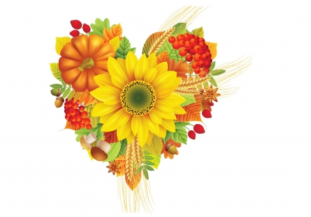 I love autumn - sunflower, acorn, autumn, berry, pumpkin, heart, white, yellow, red, orange, card