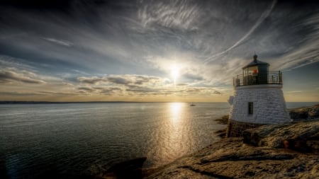 lighthouse on the coast hdr - sunset, coast, lighthouse, hdr, sea, rocks