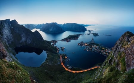 amazing view of lofoten archipelago norway - achipelago, lights, sea, dusk, mountains