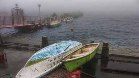 lonely boats on a foggy harbor in hakone japan - fog, harbor, boats, docks