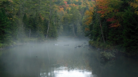 Misty Ausable - Adirondacks, fall, river, autumn, mist, rain, fall foliage, Ausable, foliage