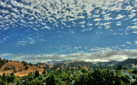 looking towards mount diablo california hdr - sky, mountains, town, clouds, hills, trees, hdr