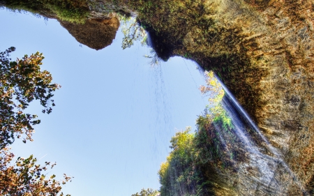 looking up a waterfall hdr - cavern, waterfall, cliff, hdr, tree, sky