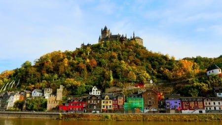 hilltop castle in a town on the rhein - hill, town, river, castle, trees