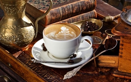 coffee with books - books, saucer, cup, coffee