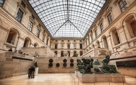 the louvre museum interior - hall, statues, ceiling, museum