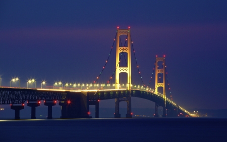 beautiful mackinac bridge in michigan at night - suspension, night, bridge, bay, lights