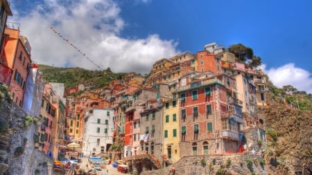 looking up in manarola italy hdr - cliff, sky, street, town, up, hdr