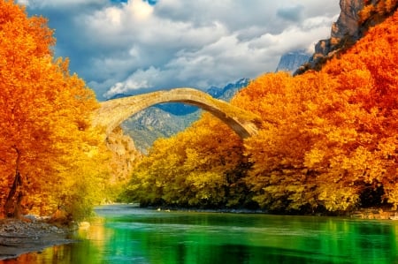 Konitsa bridge, Greece - clouds, Greece, tiver, beautiful, reflection, tree, fall, autumn, foliage, bridge