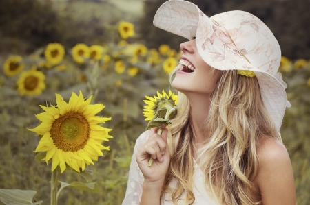 Happiness - sunflowers, smile, girl, hat